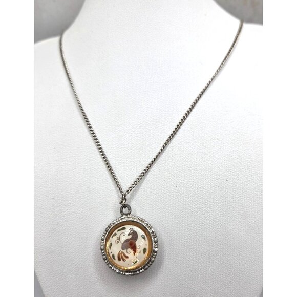 Double-Sided Silver Pendant Necklace With Enamel Peacock & Red Floral Design - Picture 3 of 4